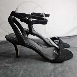 White House Black Market Black Shimmer Fringe Stiletto Heels Ankle Strap Size 9M
